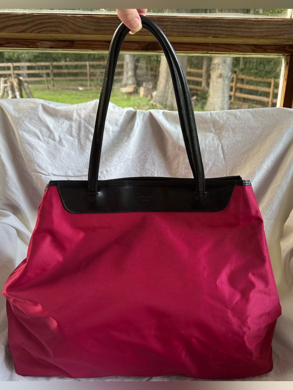 ABACO Paris Large Red Nylon & Black Leather Tote Shoulder Bag